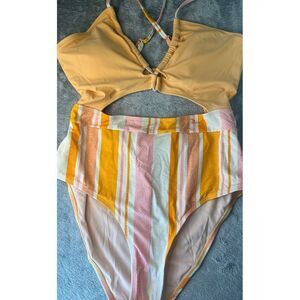 Cupshe One Piece Swimsuit High Waist‎ Striped Cutout Yellow Pink Orange